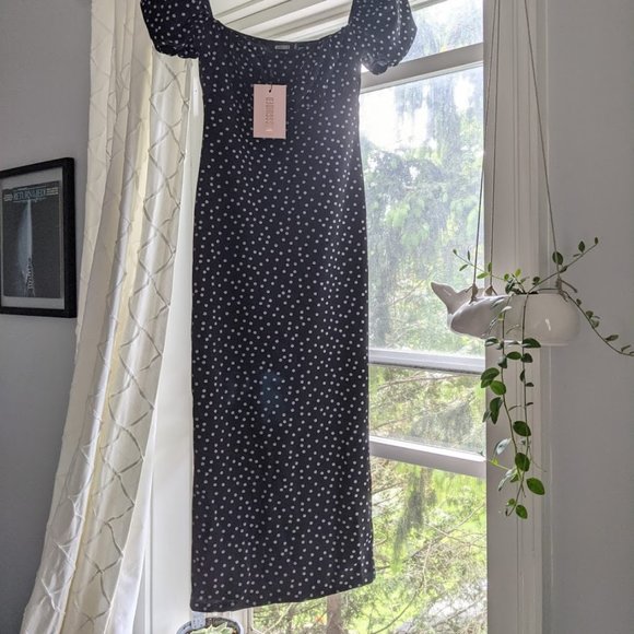 Black Polka Dot Ruched Bust Milkmaid Midi Dress - Picture 3 of 4